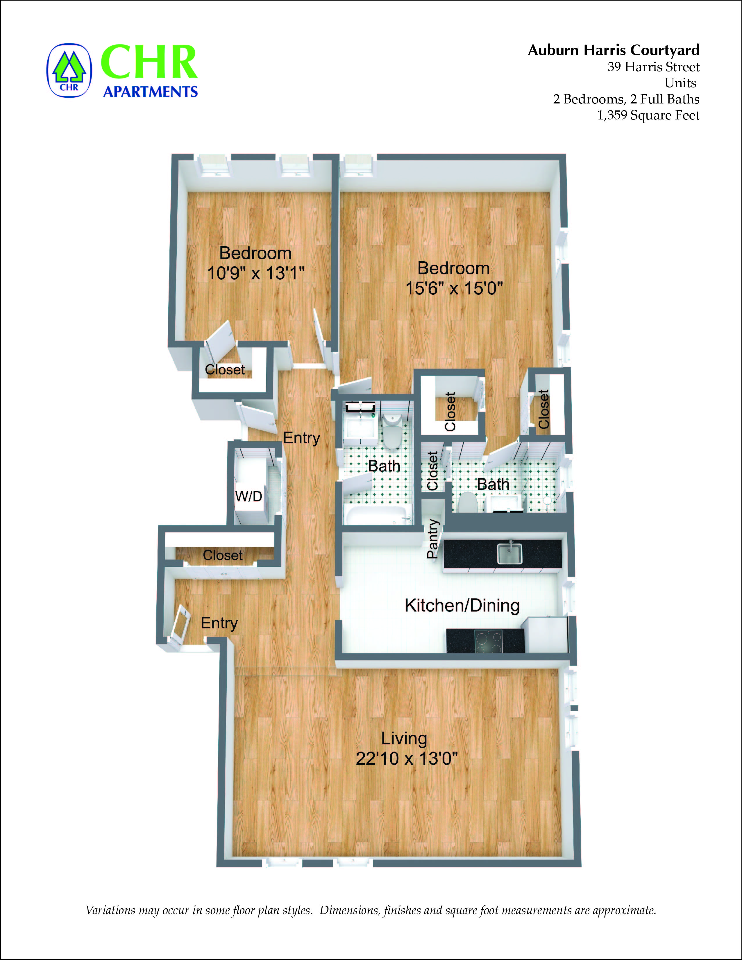 Floor plan for 2 beds, 2 baths, 1139 sqft
